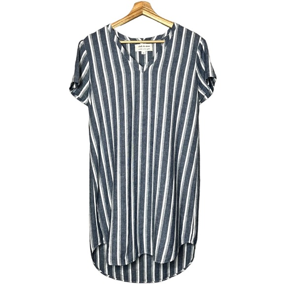 Anthropologie Cloth & Stone Linen Vertical Striped V-Neck Mini Beach Dress - Picture 1 of 9